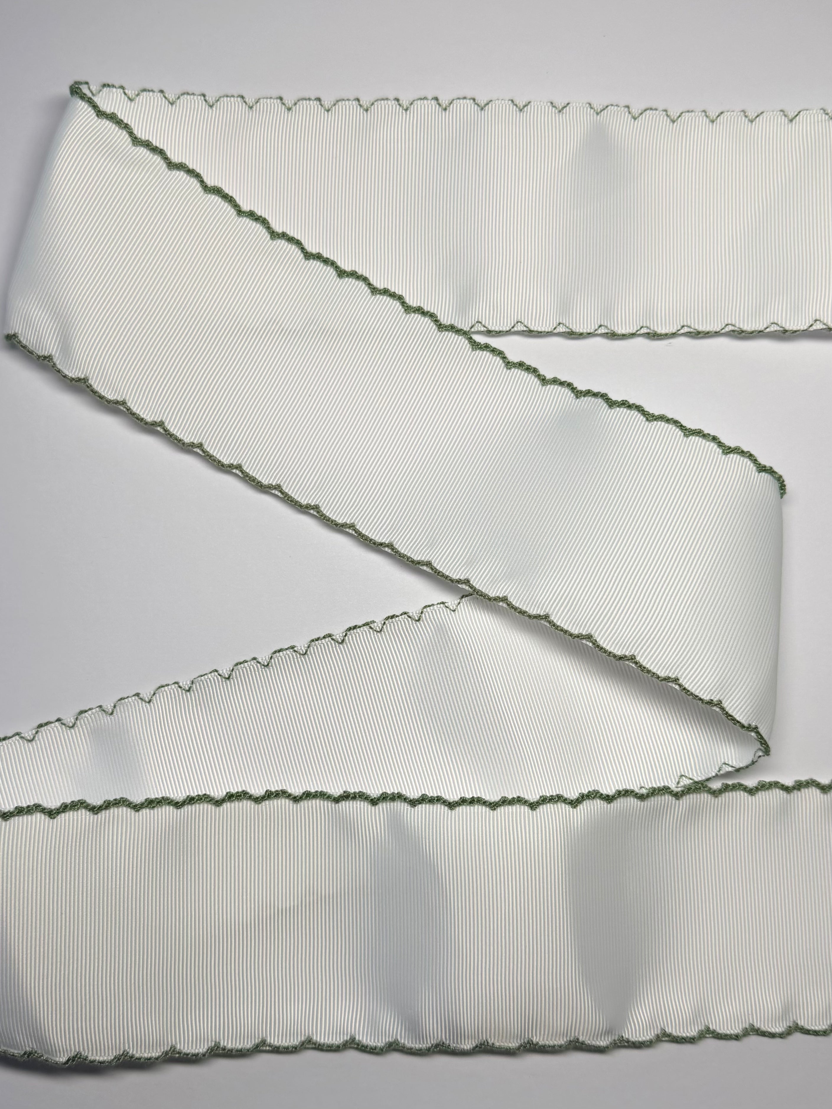 White Grosgrain with Spring Moss Moonstitch